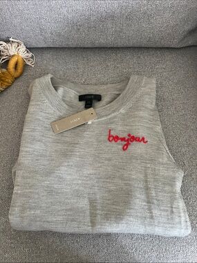 J. Crew Gray Merino Wool Sweater with Red "bonjour" Embroidery XXS
